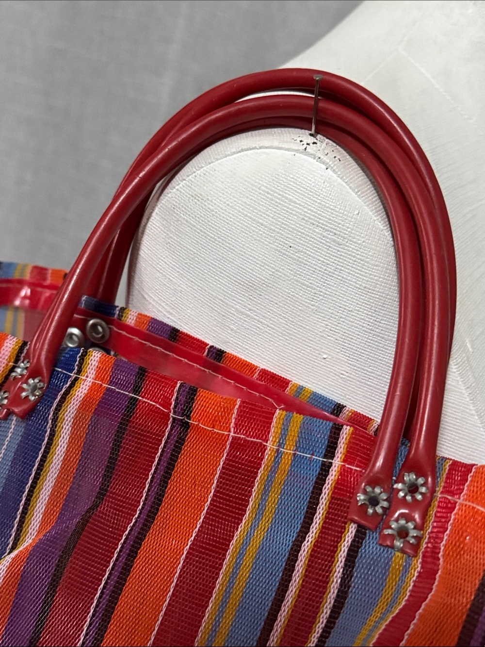 Vintage Woven Plastic Tote Bag-Rainbow Stripes-Mesh Look-Hand Carry Double Strap - Picture 3 of 13